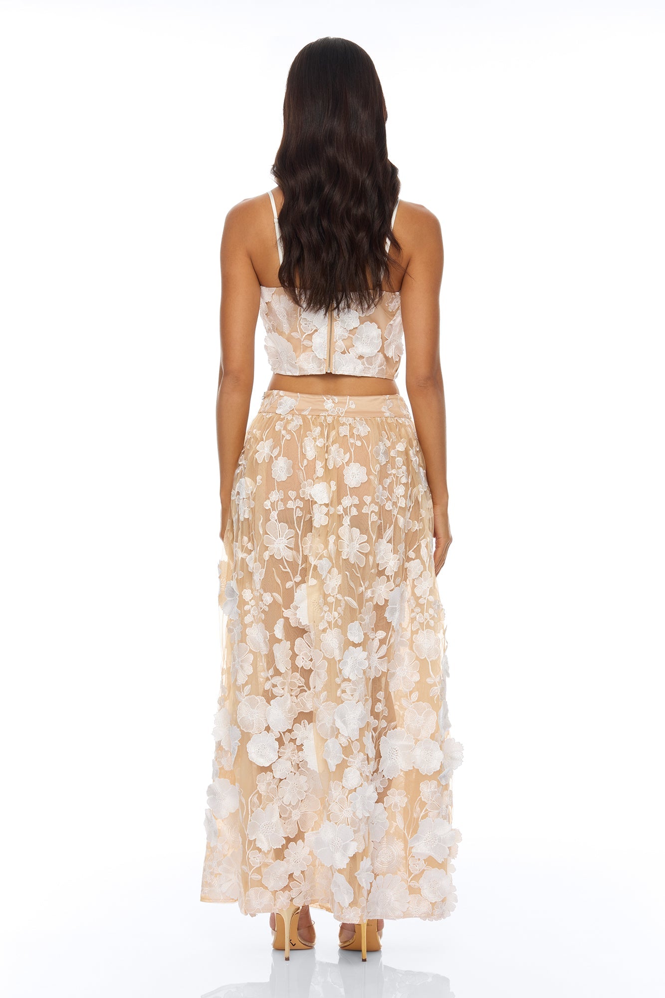 Blossom Skies Floral Embroidered Mesh Skirt Set - Cream