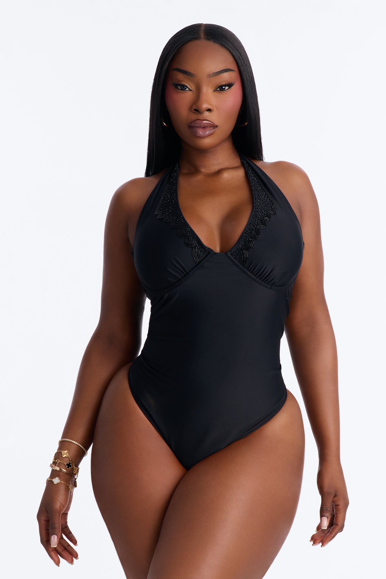Alana Underwire Rhinestone 1 Piece Swimsuit - Black