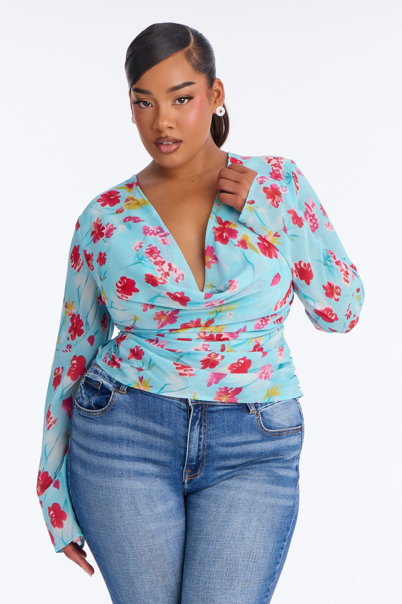Chloe Cowl Neck Floral Chiffon Blouse - Blue/combo