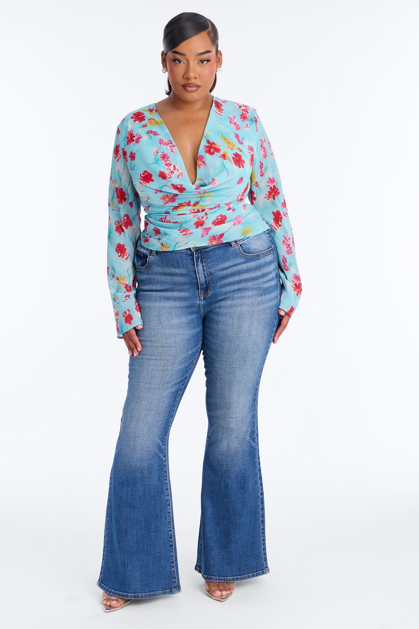 Chloe Cowl Neck Floral Chiffon Blouse - Blue/combo