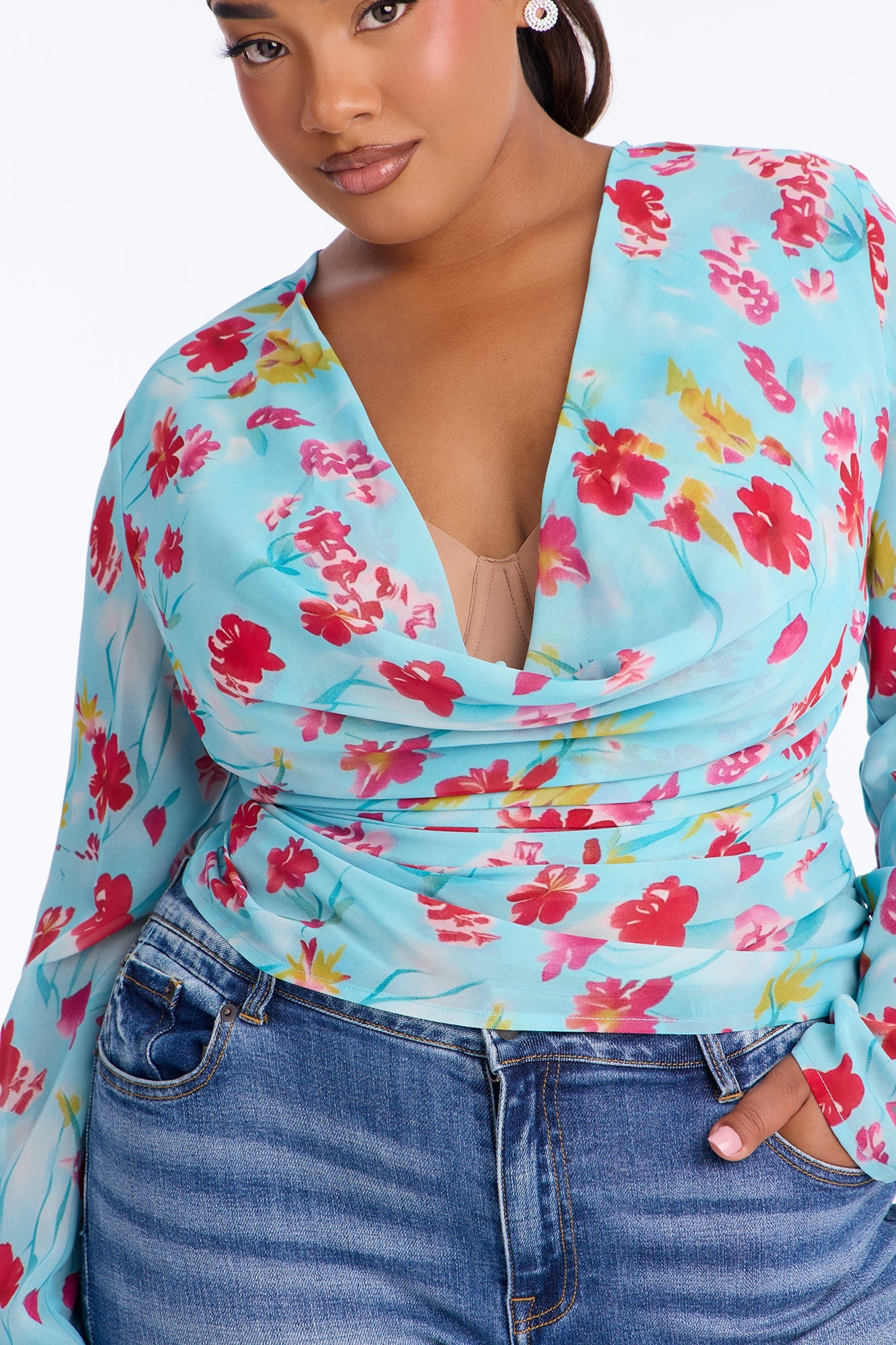 Chloe Cowl Neck Floral Chiffon Blouse - Blue/combo