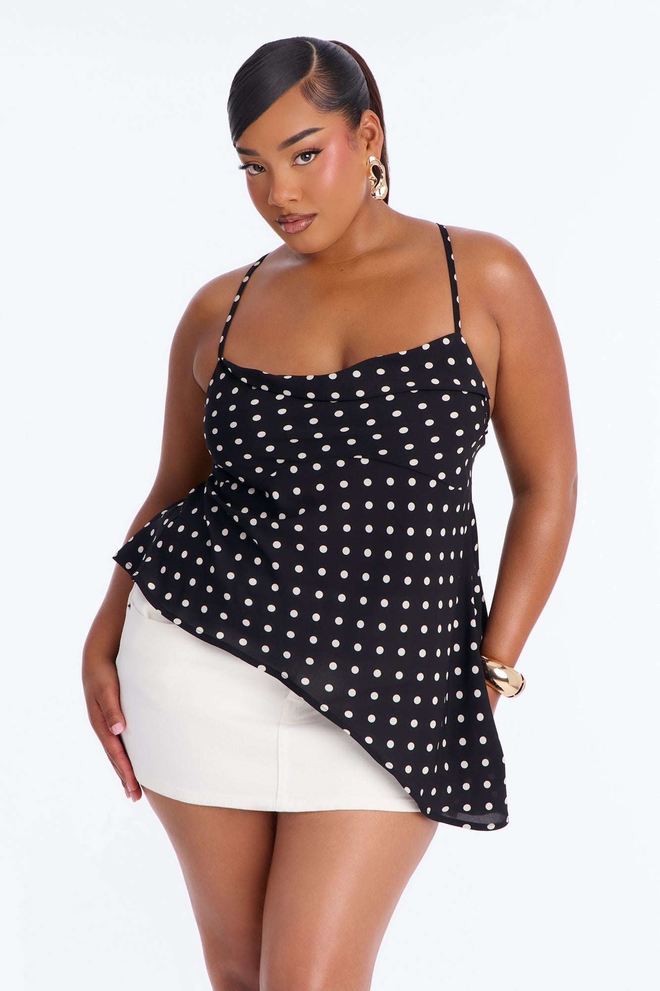 Fancy A Sip High Low Polka Dot Chiffon Halter Top - Black/combo