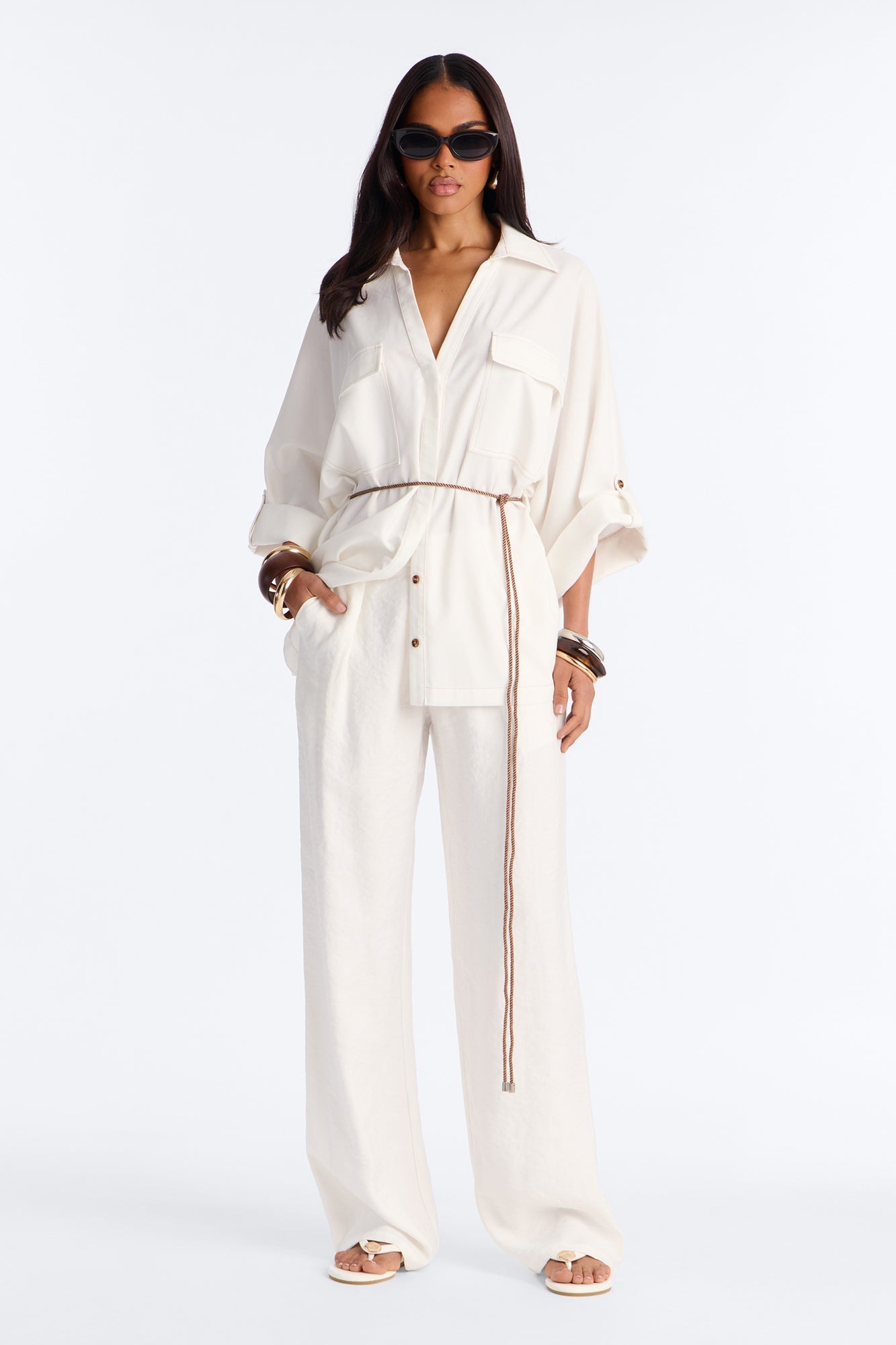 Casual Class Belted Linen Shirt - White