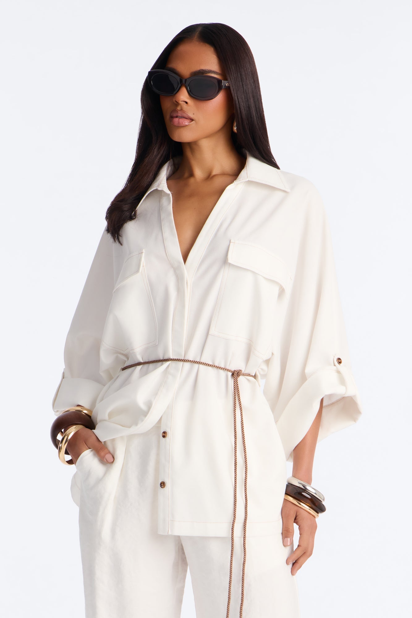Casual Class Belted Linen Shirt - White