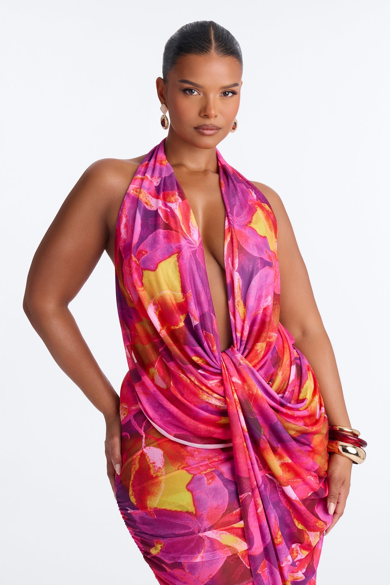 Kyla Halter Printed Mesh Maxi Dress - Magenta/combo