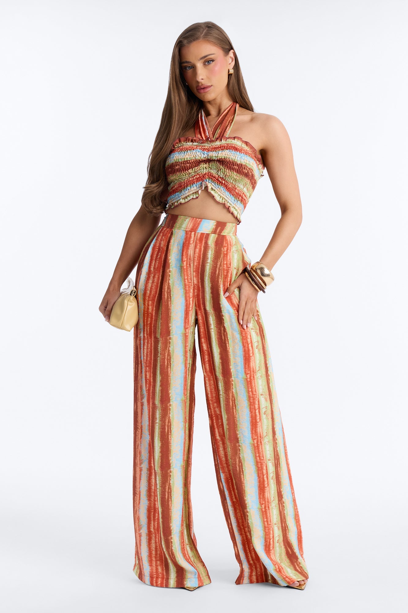 Taryn Smocked Top Wide Leg Pant Set - Rust/combo
