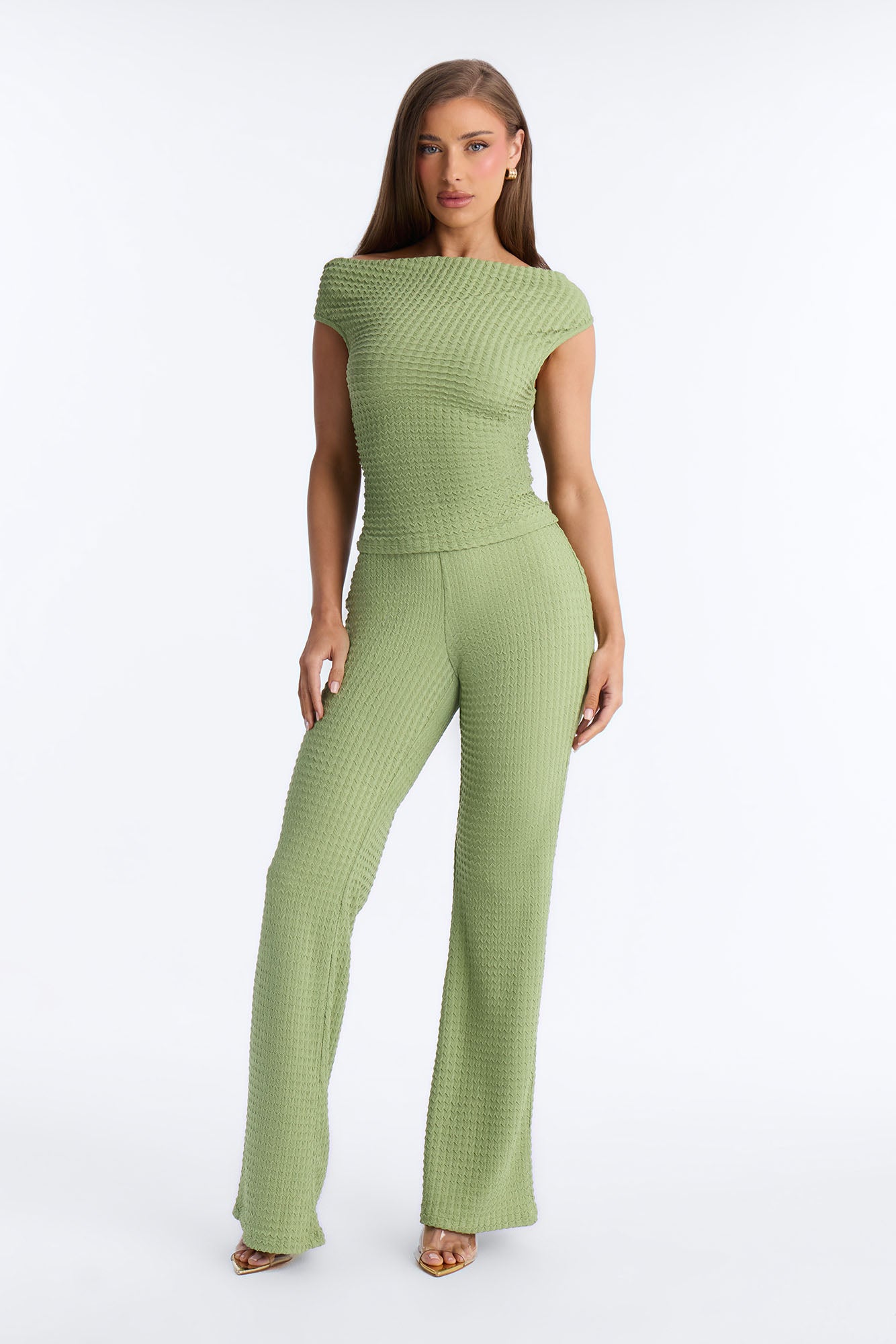 Sadie Textured Off Shoulder Pant Set - Sage