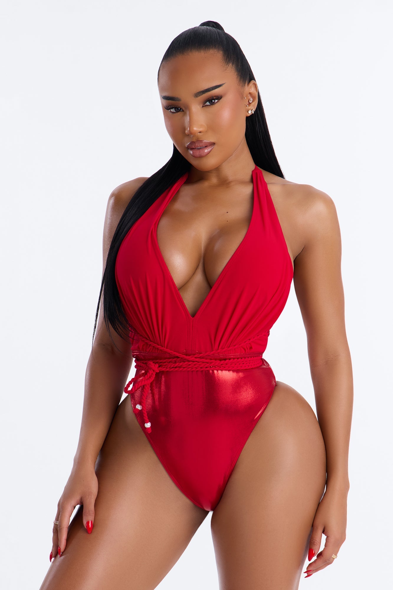Bad Gal Essential Draped 1 Piece Plunge Swimsuit - Red
