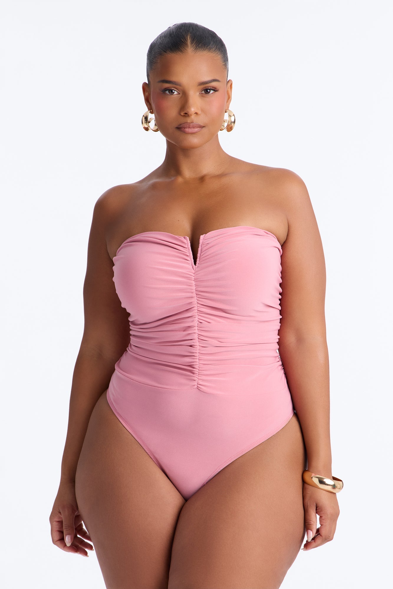 Gentle Blossom Ruched Notch Neck Strapless Bodysuit - Blush