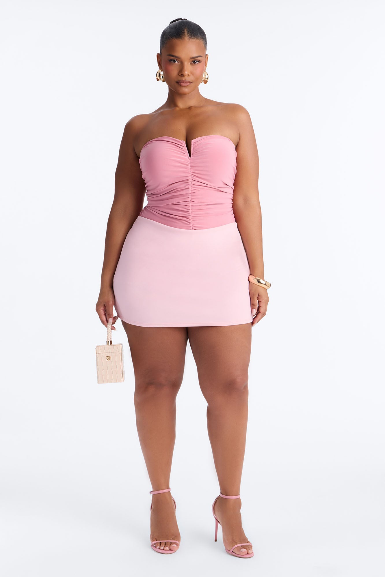 Gentle Blossom Ruched Notch Neck Strapless Bodysuit - Blush
