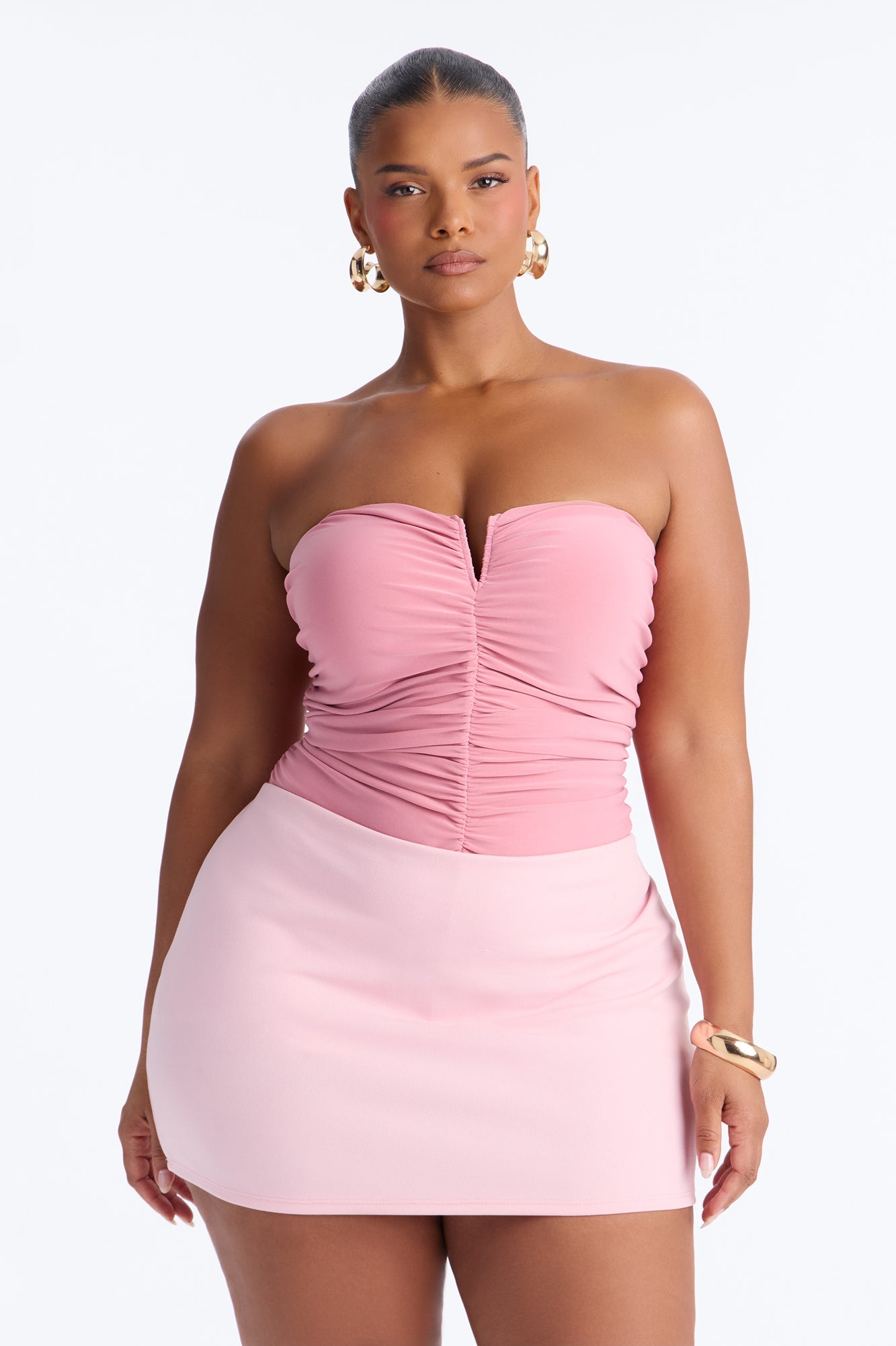 Gentle Blossom Ruched Notch Neck Strapless Bodysuit - Blush