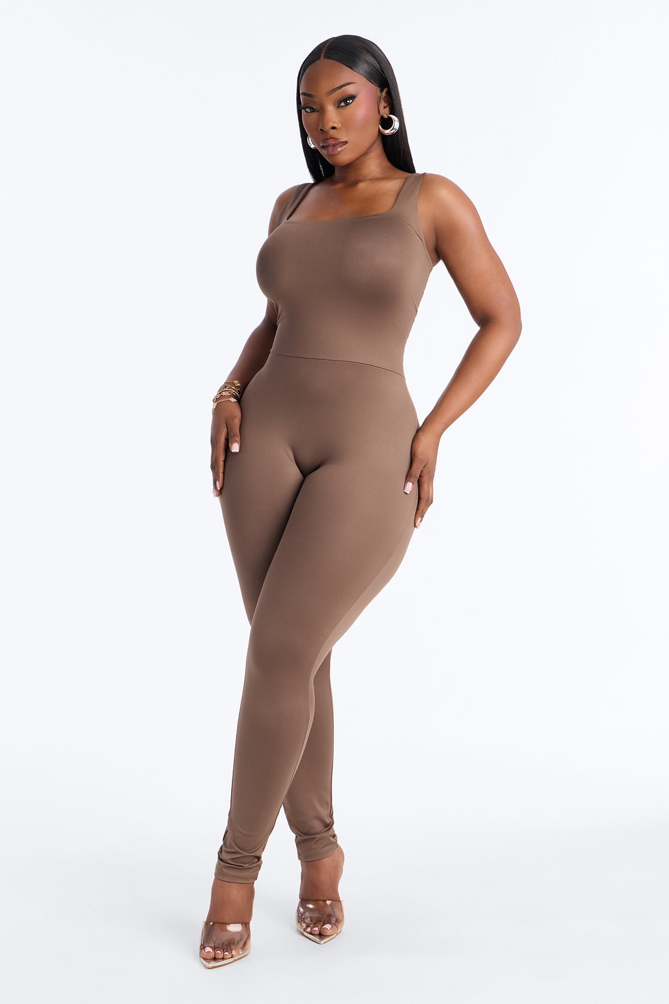 Contour Double Lined Sleeveless Square Neck Jumpsuit - Brown
