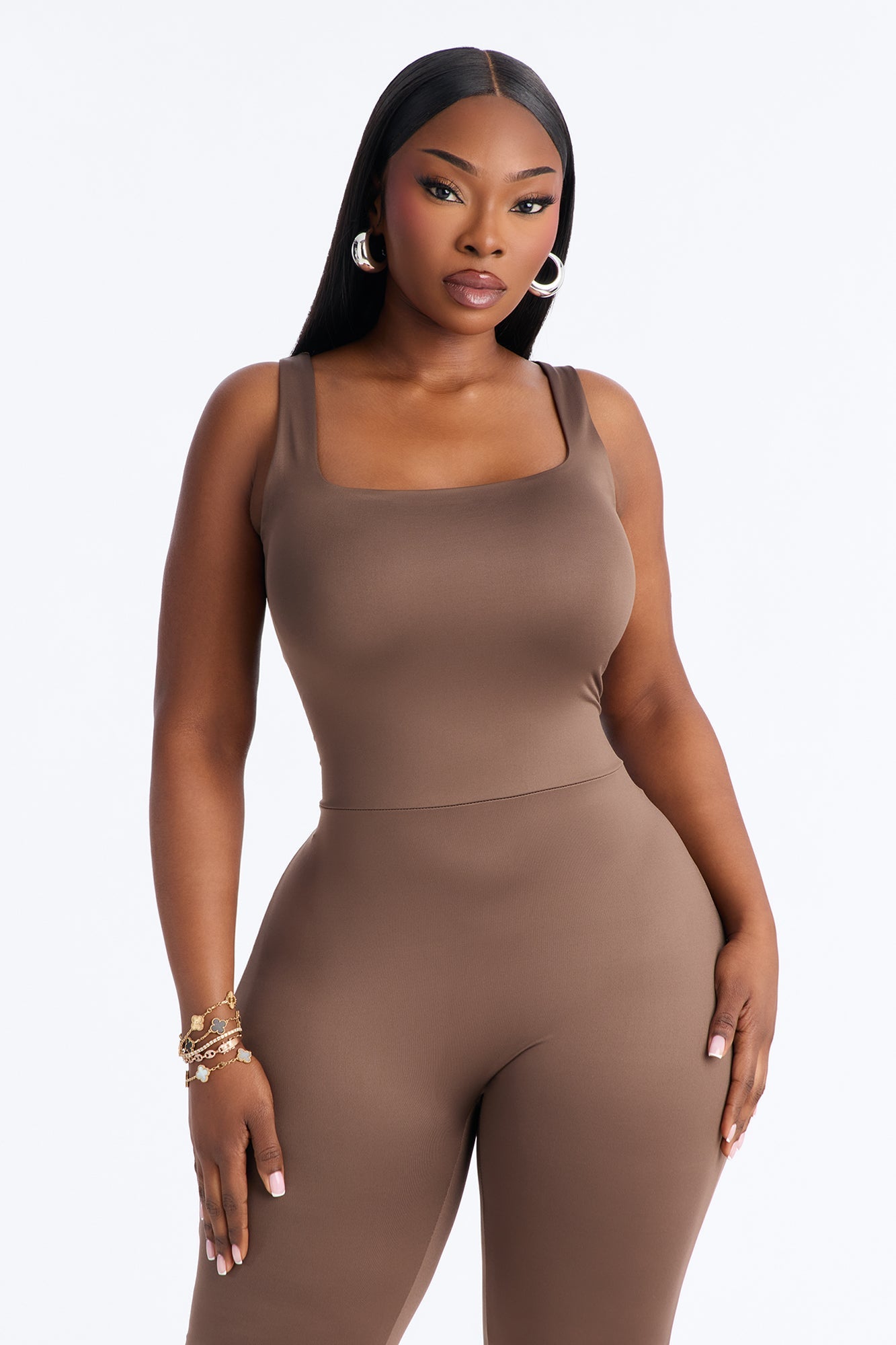 Contour Double Lined Sleeveless Square Neck Jumpsuit - Brown