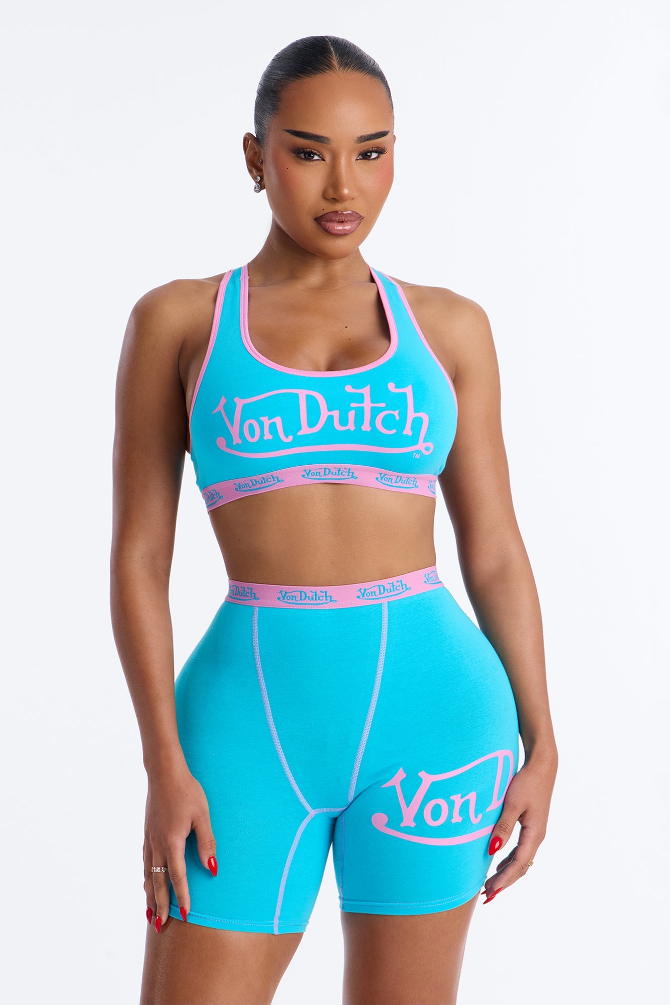 Von Dutch Contrast Stitching Bralette Boyshort High Waist 2 Piece Set - Blue