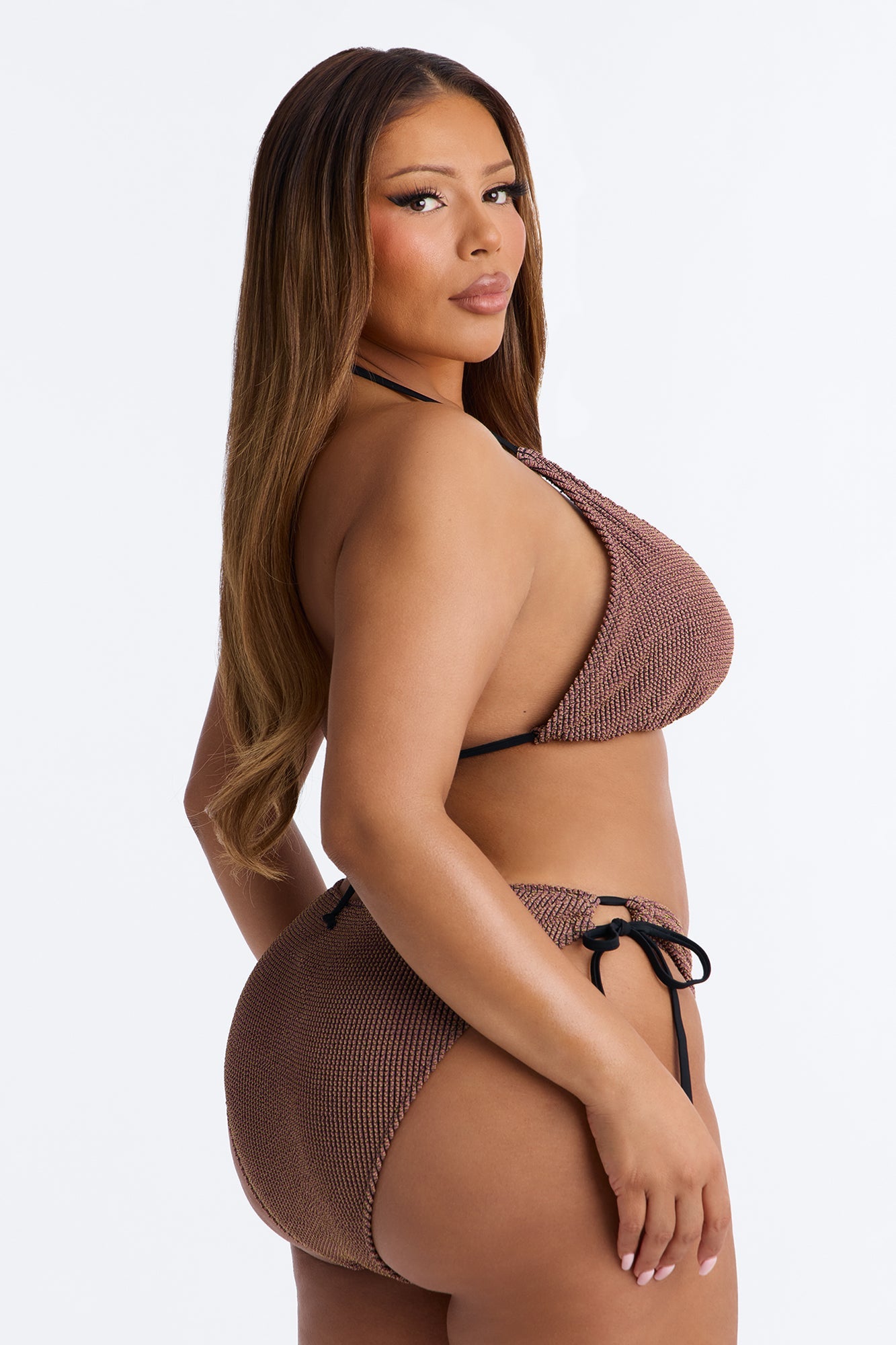 Watching The Waves Textured Hardware Ruching Ties 2 Piece Bikini - Brown
