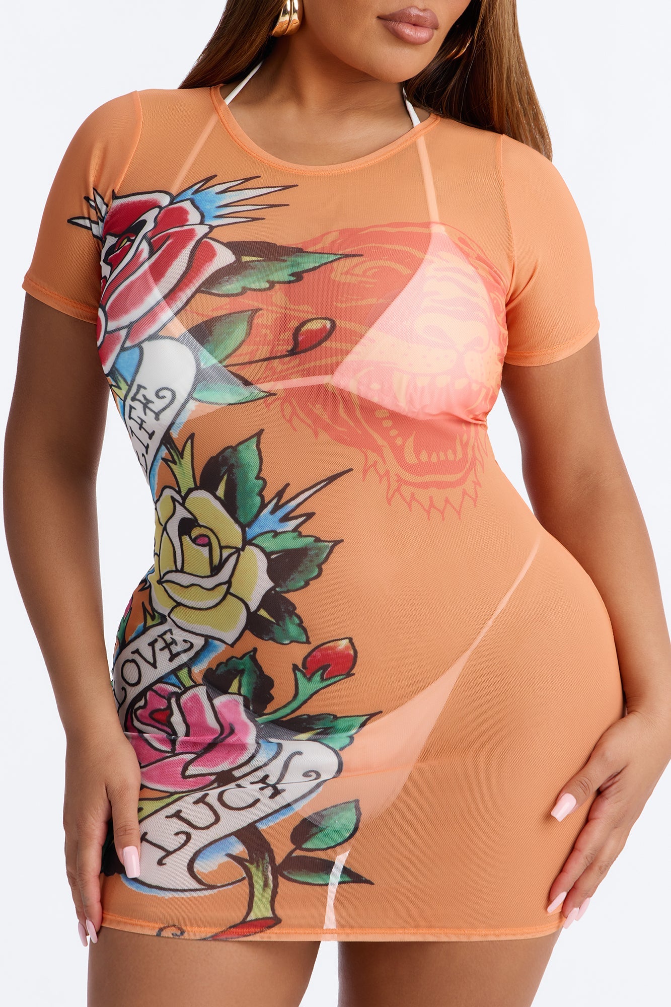 Ed Hardy Roses & Tiger Mesh Cover Up Dress - Orange/combo