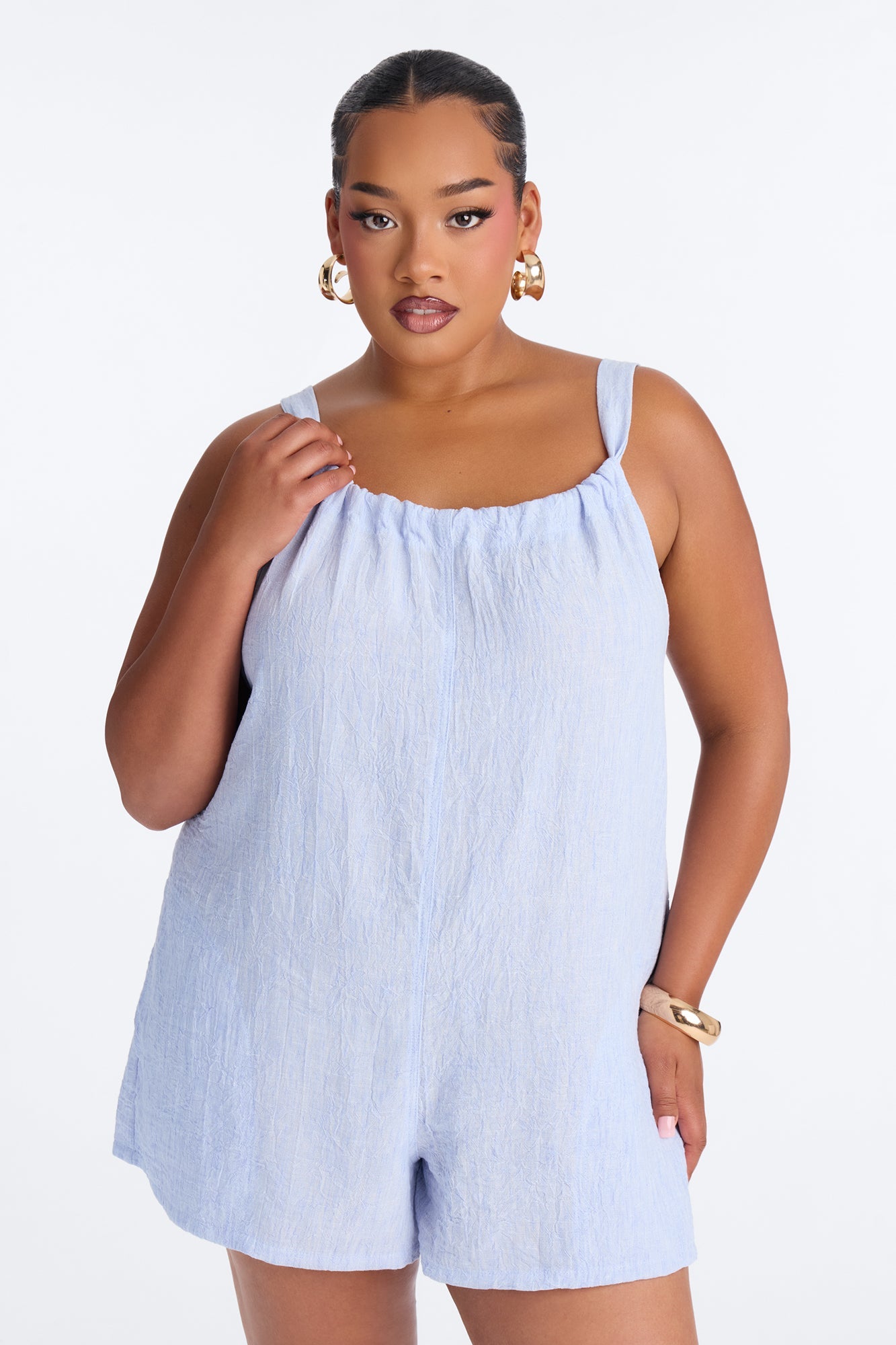 Jeanie Flowy Linen Romper - Blue