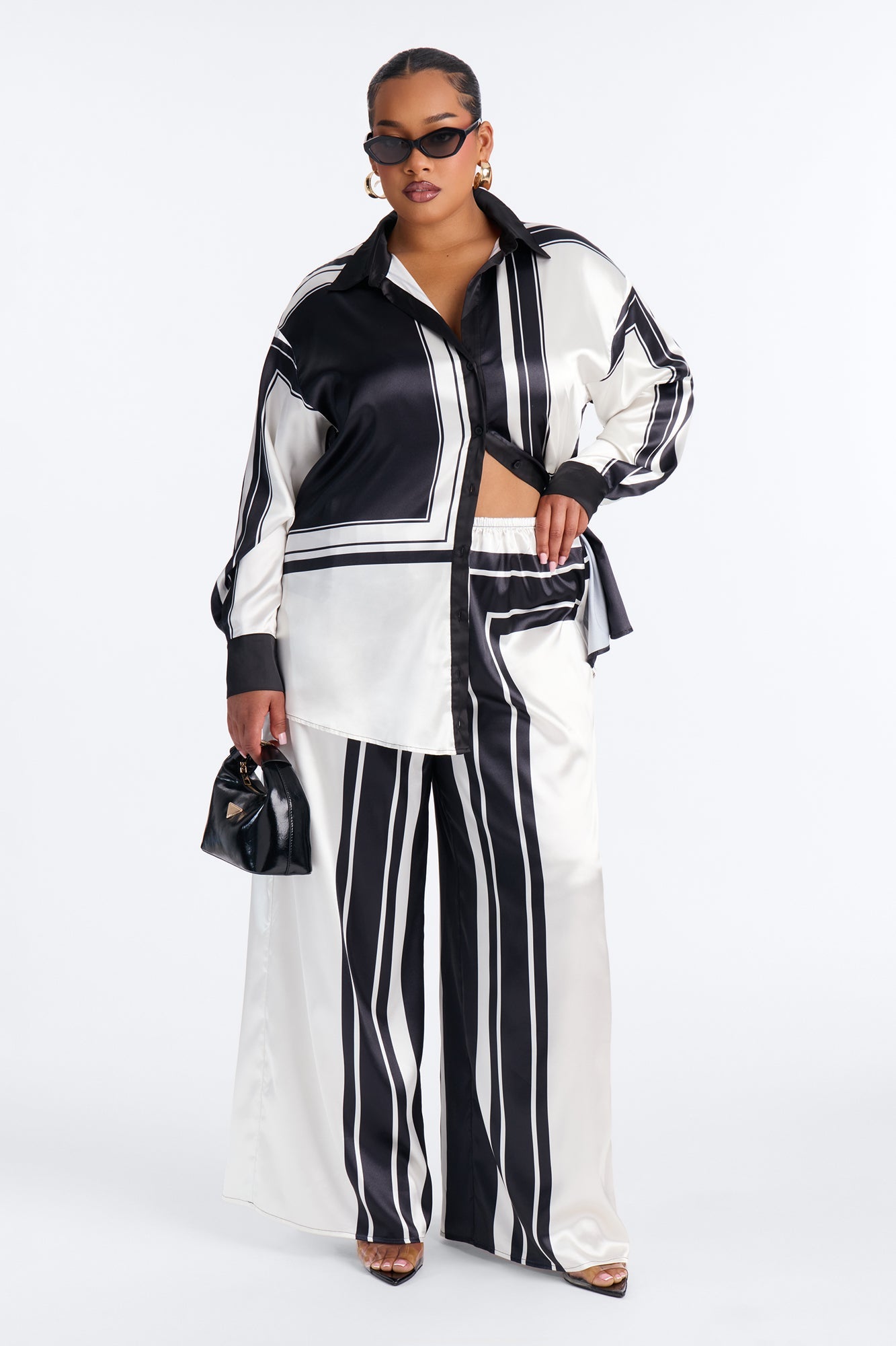 Amara Geometric Satin Pant Set - Black/White