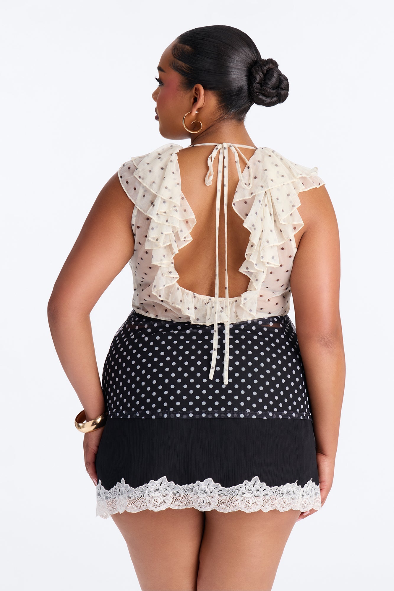 Laynee Polka Dot Ruffle Short Sleeve Top - Black/combo