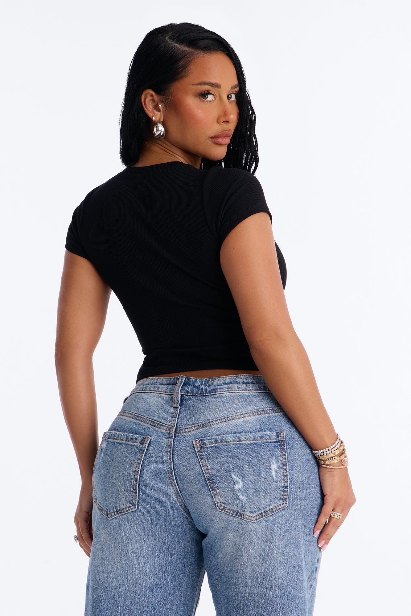 Cotton Rib Crew Neck Baby Tee - Black