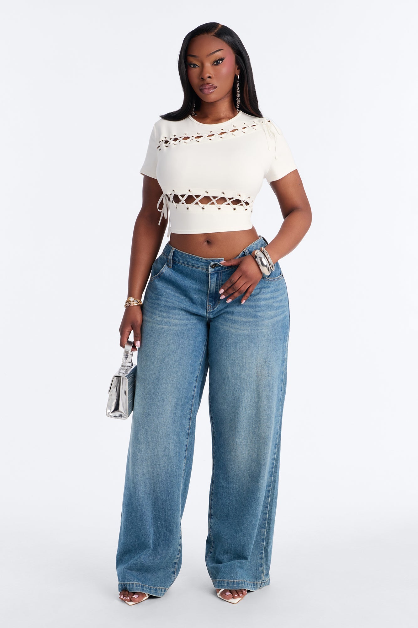 Pull My Heartstrings Lace Up Short Sleeve Top - White