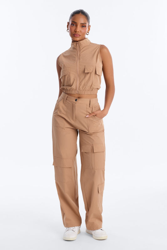 Nessa Nylon Cargo Sleeveless Vest Pant Set - Tan