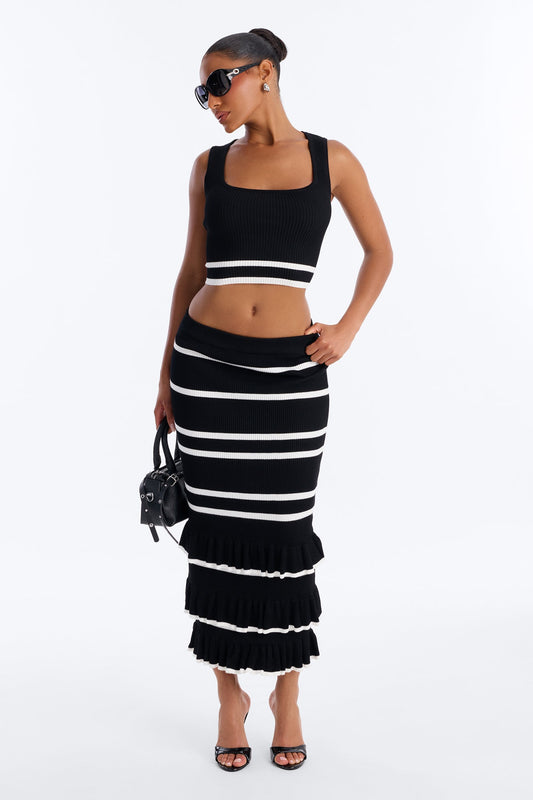 Renee Striped Sweater Ruffle Maxi Skirt Set - Black