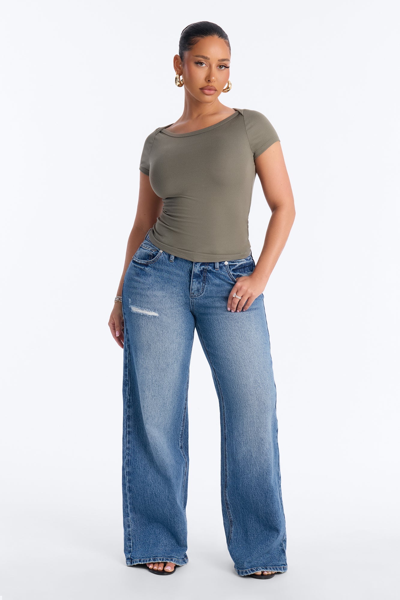 Boat Neck Ribbed T-shirt - Olive