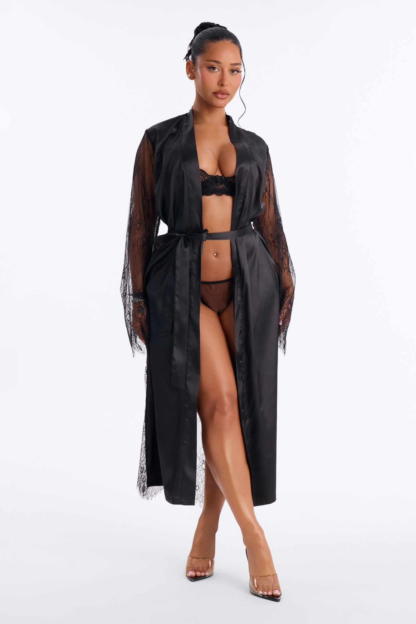 Grace Satin Lace Back Robe - Black