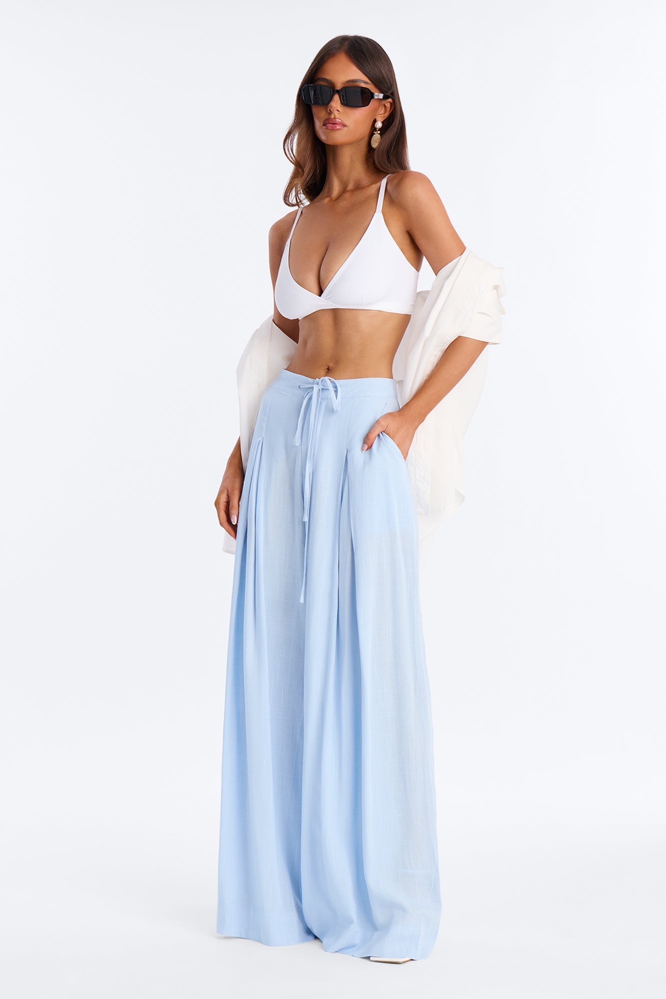 Karianna Linen Blend Wide Leg Pant - Light Blue