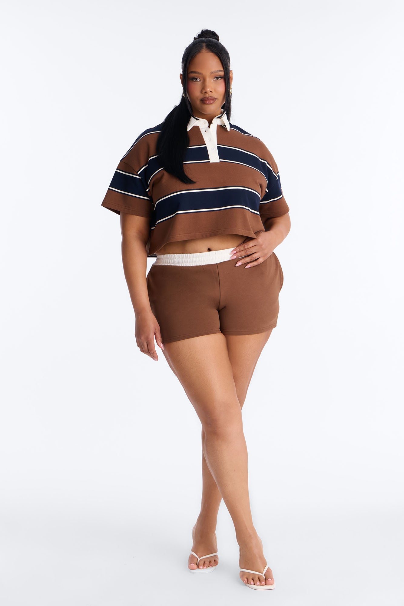 Sydney Striped Polo Lounge Short Set - Chocolate