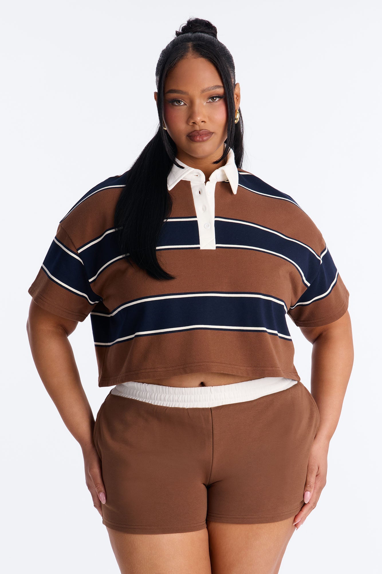 Sydney Striped Polo Lounge Short Set - Chocolate
