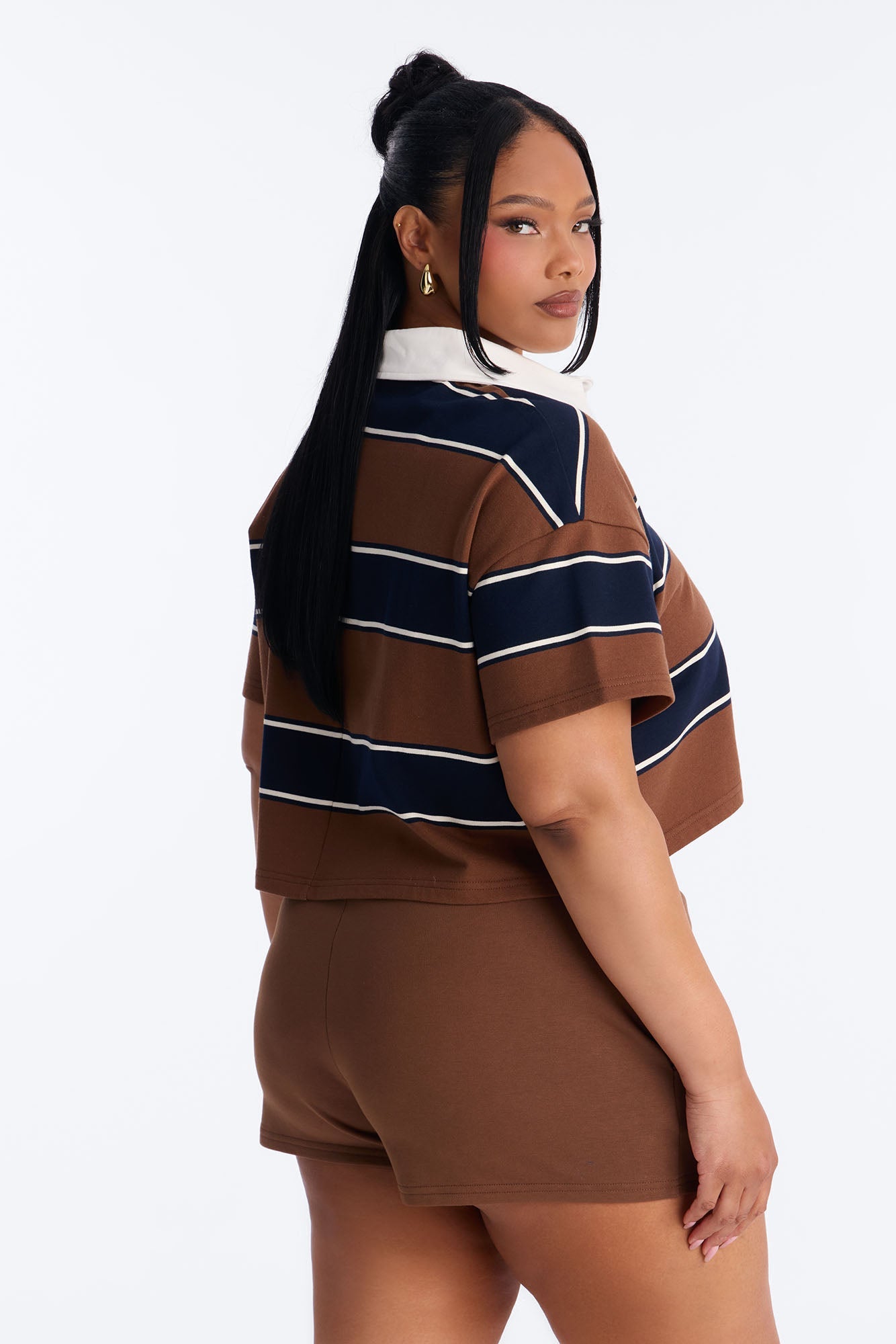 Sydney Striped Polo Lounge Short Set - Chocolate