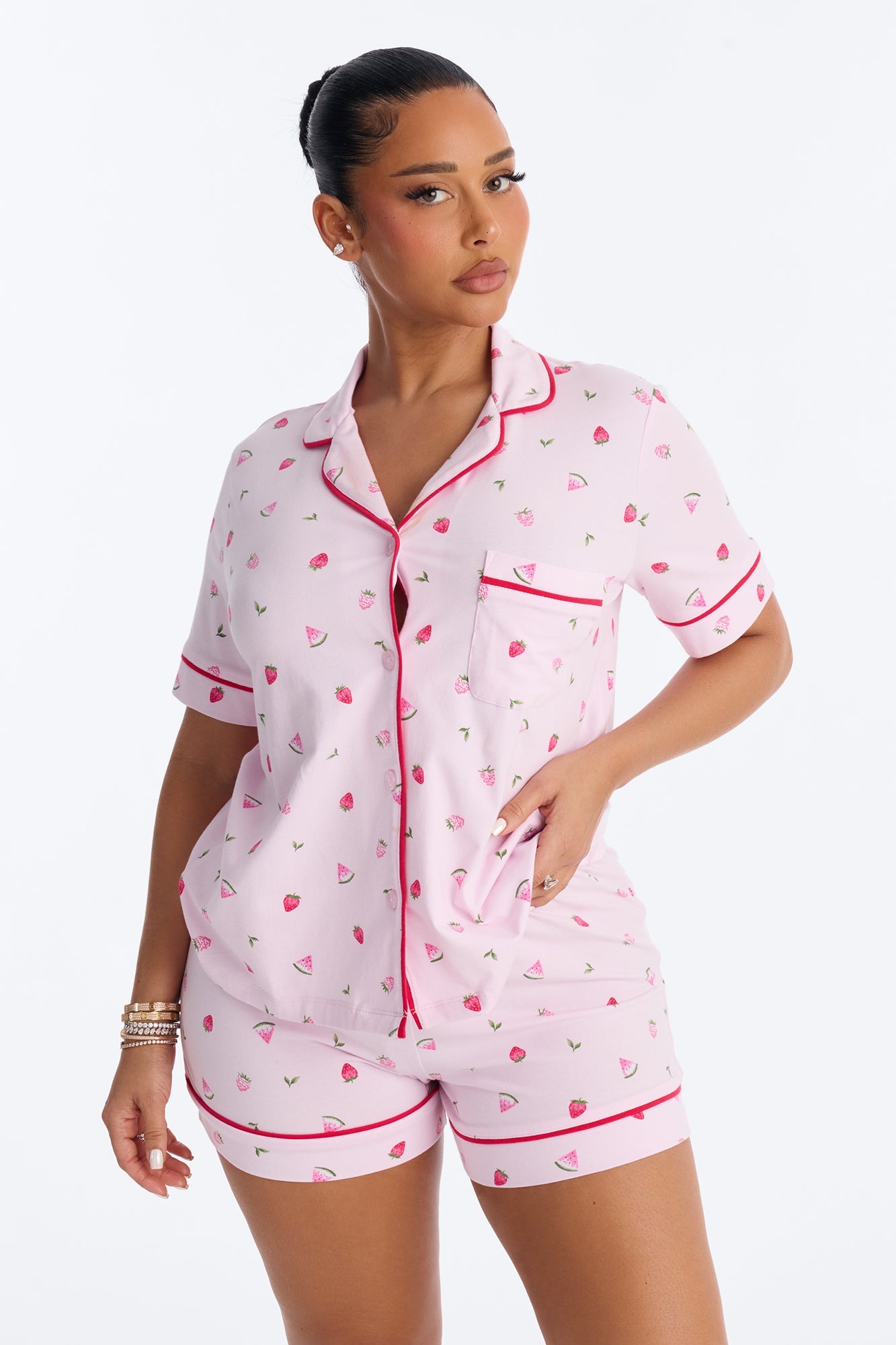 Summer Days Fruit Notch Collar PJ Short Set - Pink/combo