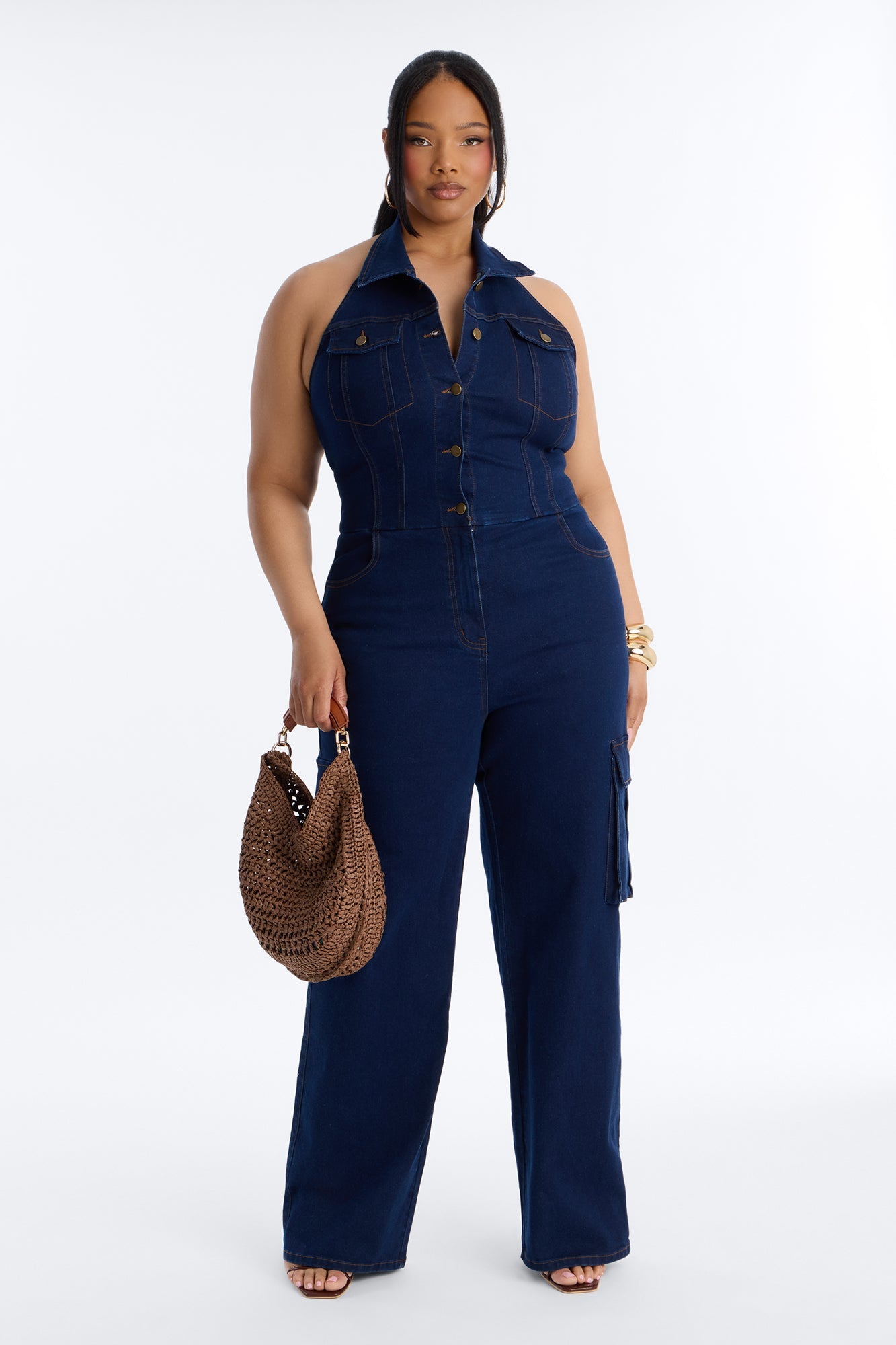 Jaime Denim Cargo Wide Leg Jumpsuit - Dark Wash