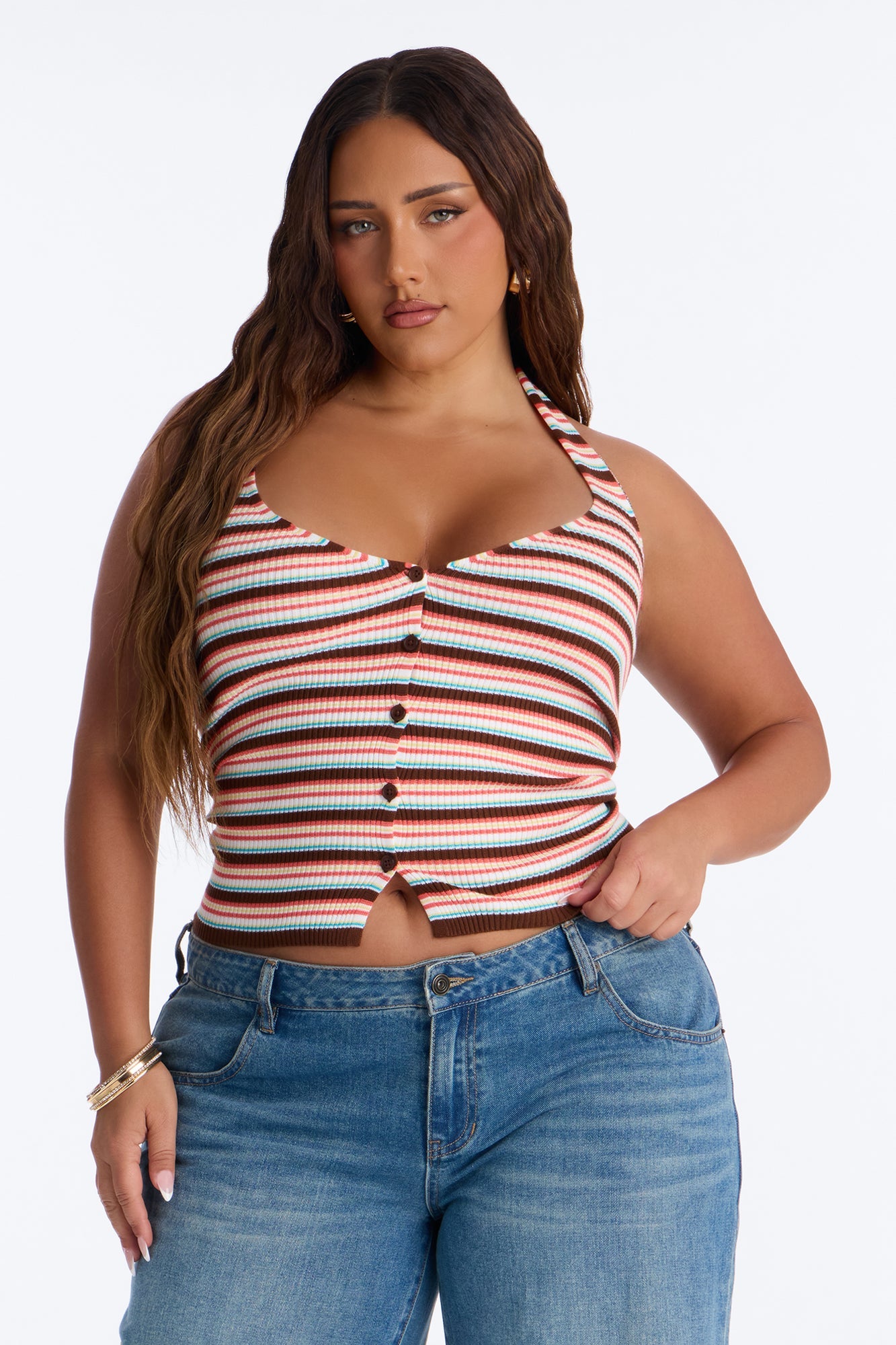 Belle Striped Sweater Halter Top - Brown/combo