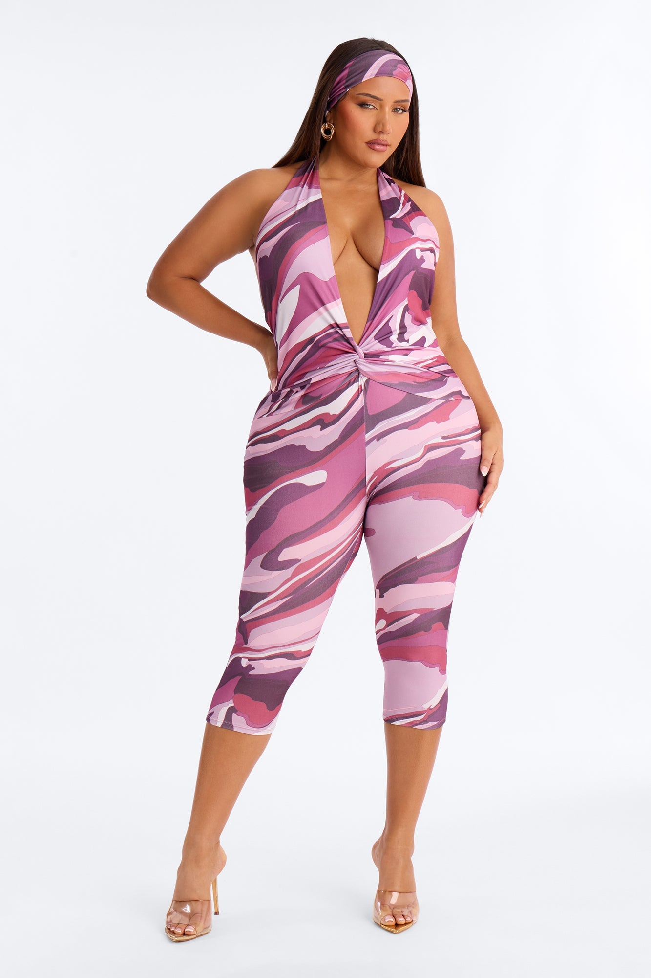 Starla Plunge 2 Piece Capri Jumpsuit - Pink